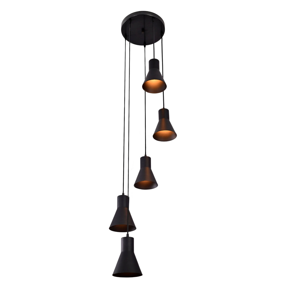 Sutton Cascade Cone Multi Pendant Chandelier 5 Light illuminated, showcasing warm downward lighting from handcrafted tapered cone shades.