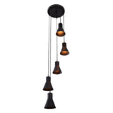 Sutton Cascade Cone Multi Pendant Chandelier 5 Light illuminated, showcasing warm downward lighting from handcrafted tapered cone shades.