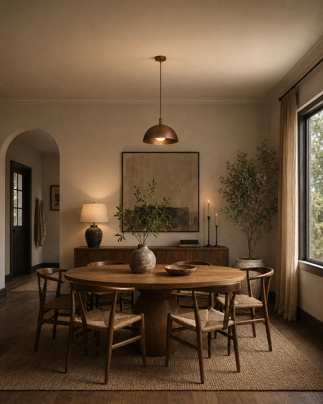 Sutton Modern Dome Pendant Light installed above a modern wooden dining table in a warm contemporary dining room – Model 33202.