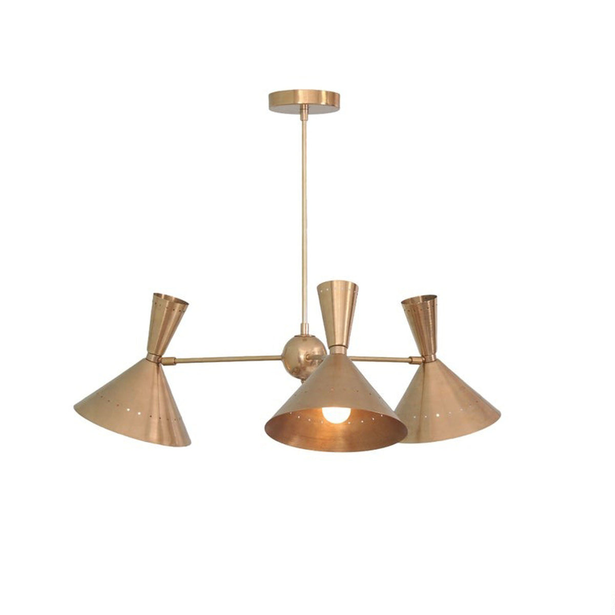Sutton 3 Light Perforated Cone Chandelier in brass finish angled view – Model 62007