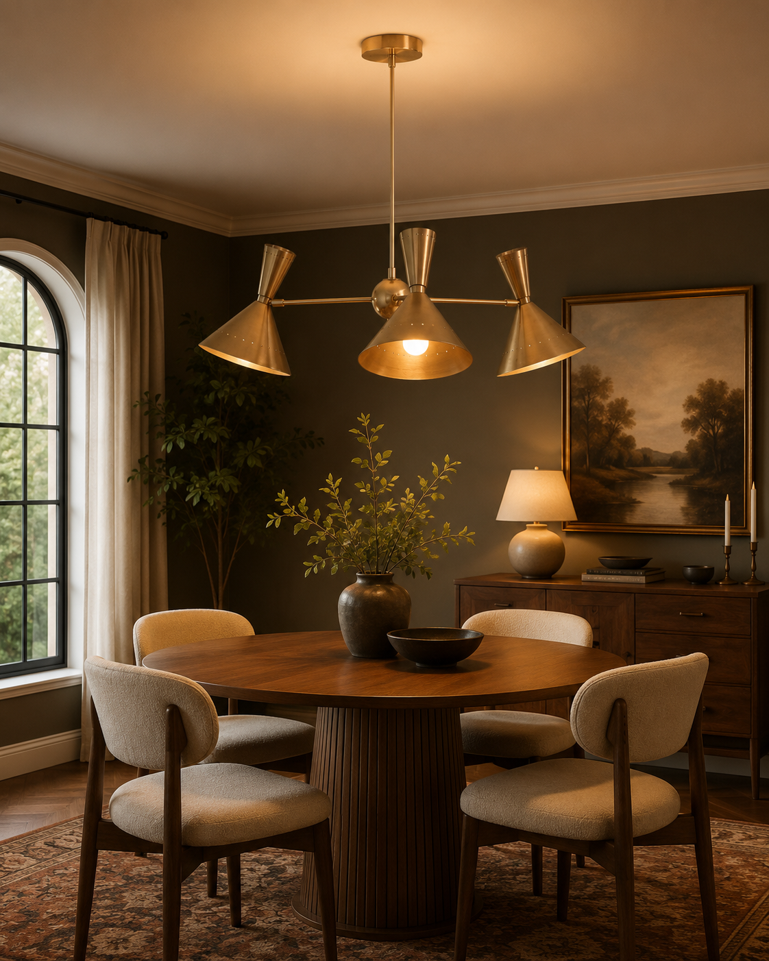 Sutton Perforated Cone Chandelier 3 Light installed above round dining table – Model 62007