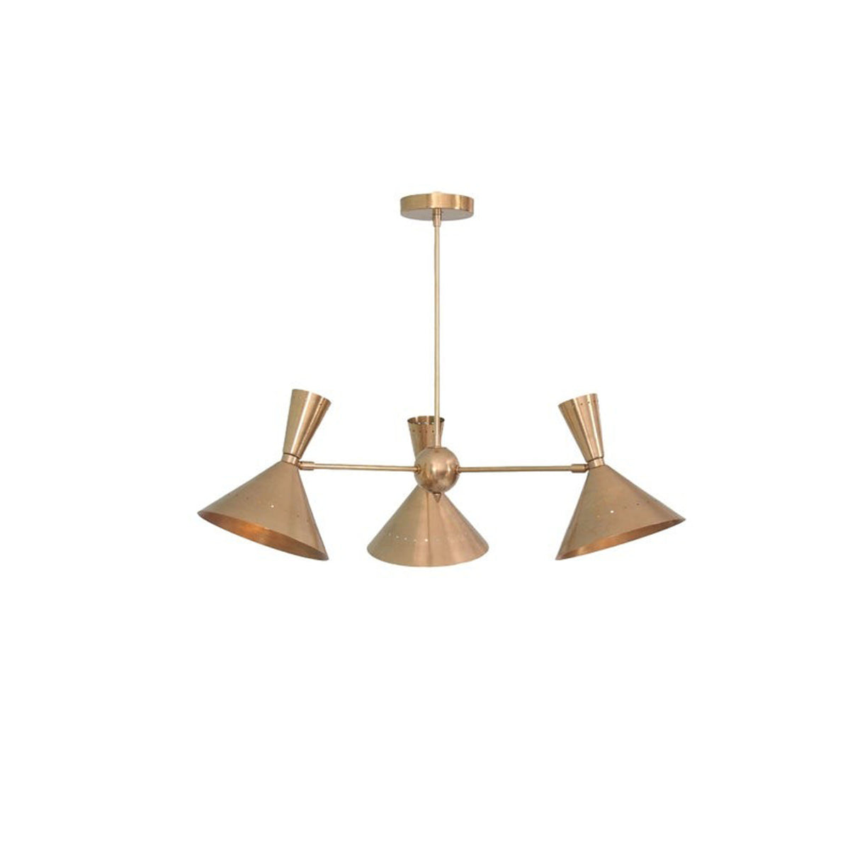 Sutton Perforated Cone Chandelier with three sculptural brass shades side view – Model 62007