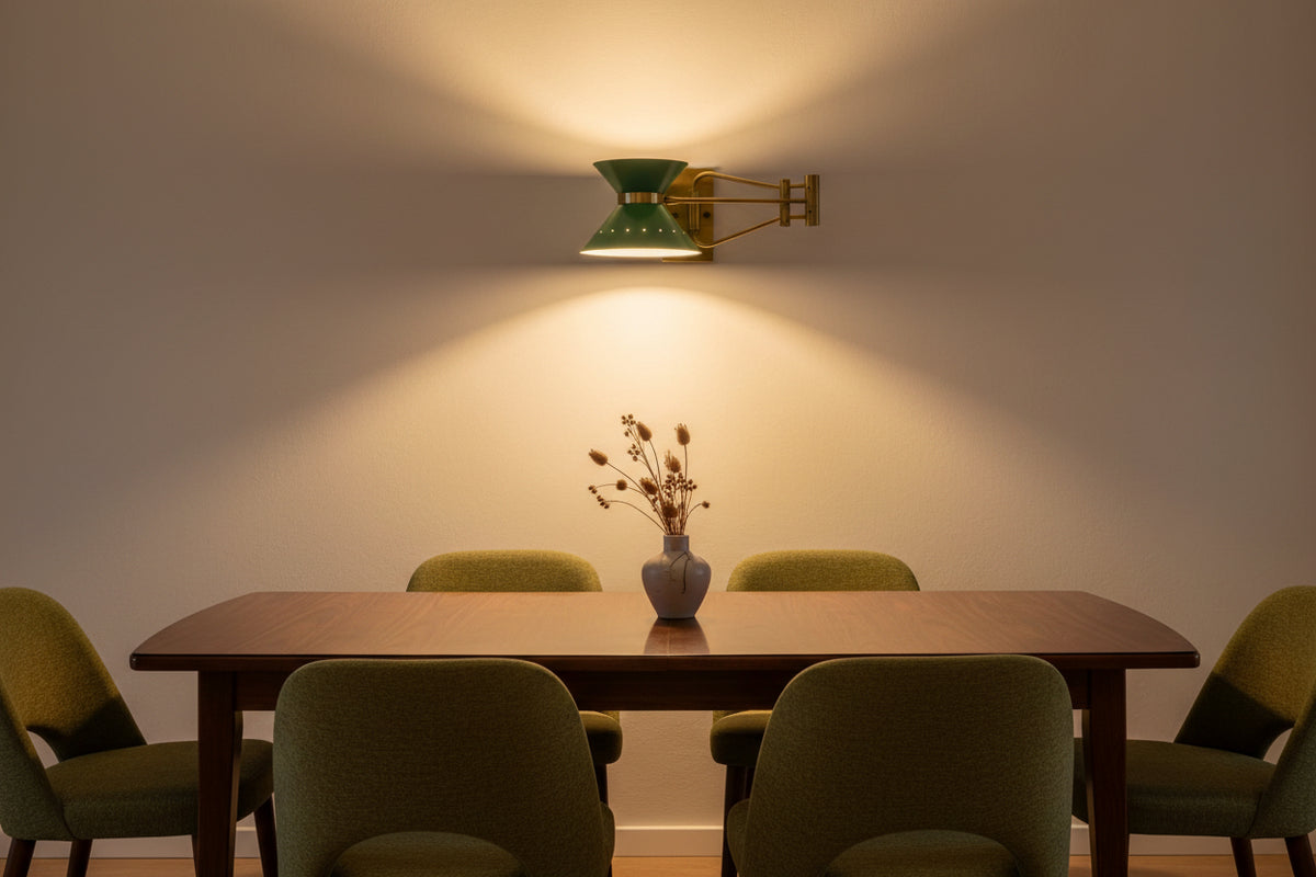 Swing arm wall sconce dimension view showing 27 inch projection and 7 inch height