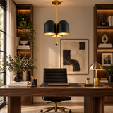 Athens 3 light black cluster chandelier with brass-tone frame displayed above a walnut desk in a refined modern home office.