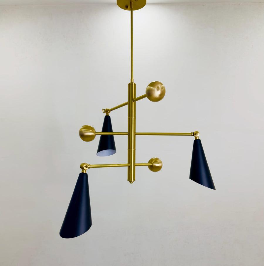 Three cone style modern brass chandelier with sculptural arms and matte black shades, handcrafted in solid brushed brass.