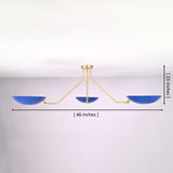 Three-light brass flush mount ceiling light with blue bowl shades showing 46 inch width and 15 inch height dimensions