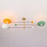Three light multicolor bowl flush mount ceiling light in solid brass with sculptural horizontal arms
