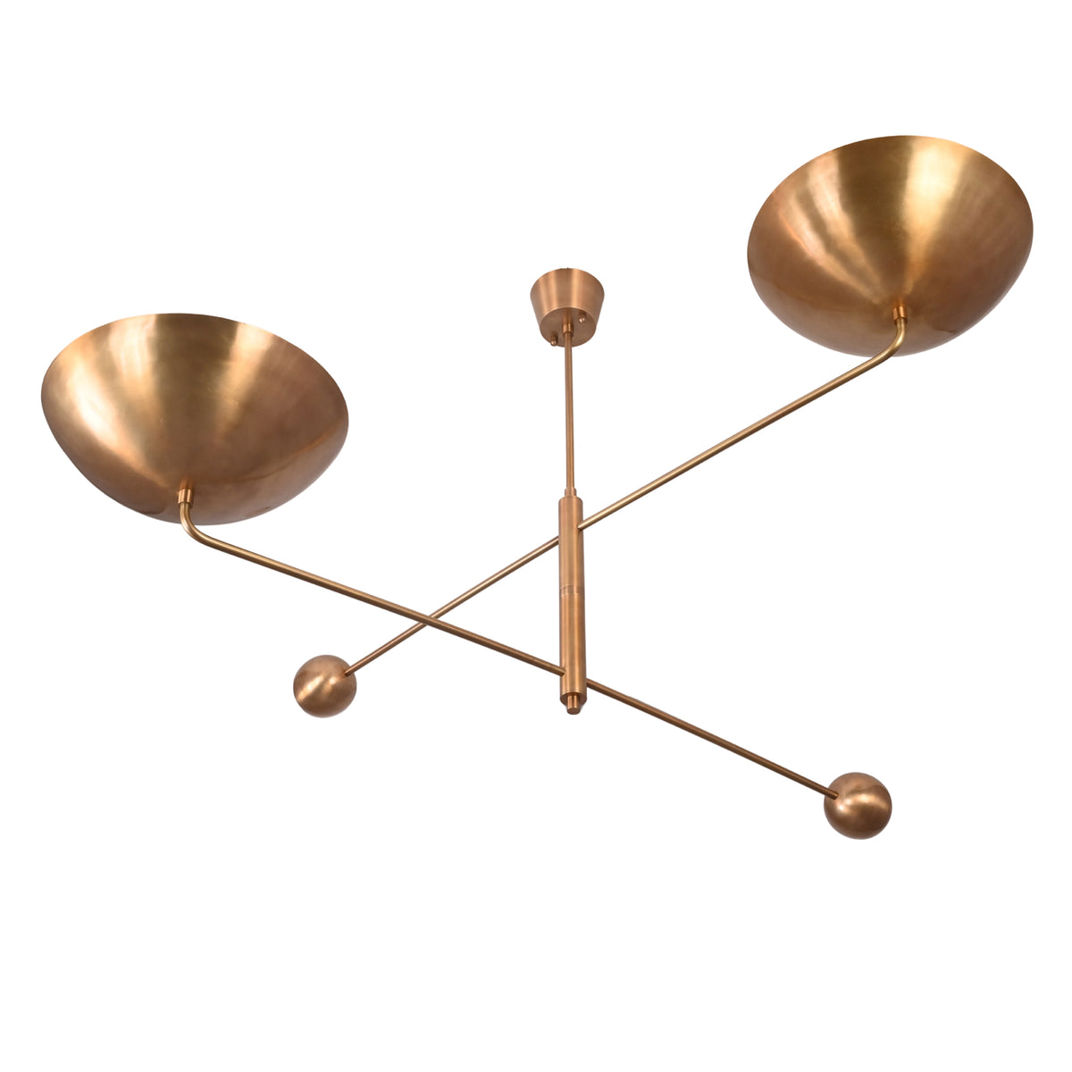 Two-light brass bowl ceiling fixture with asymmetrical linear arms and modern architectural profile