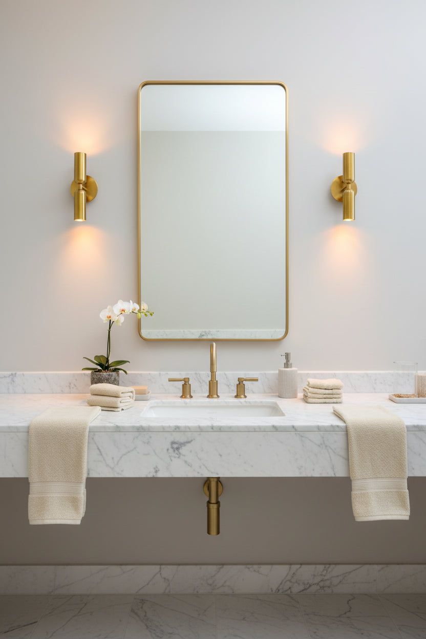Two light brass wall sconce shown illuminated with warm ambient glow for hallway, bedroom, and living room walls