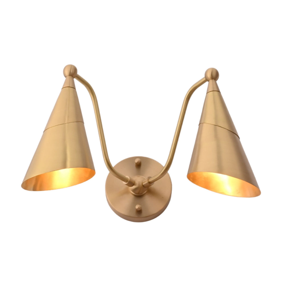 Two light cone vanity wall sconce with curved arms, round backplate, and balanced symmetrical design for bathroom and hallway lighting