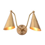 Two light cone vanity wall sconce with curved arms, round backplate, and balanced symmetrical design for bathroom and hallway lighting