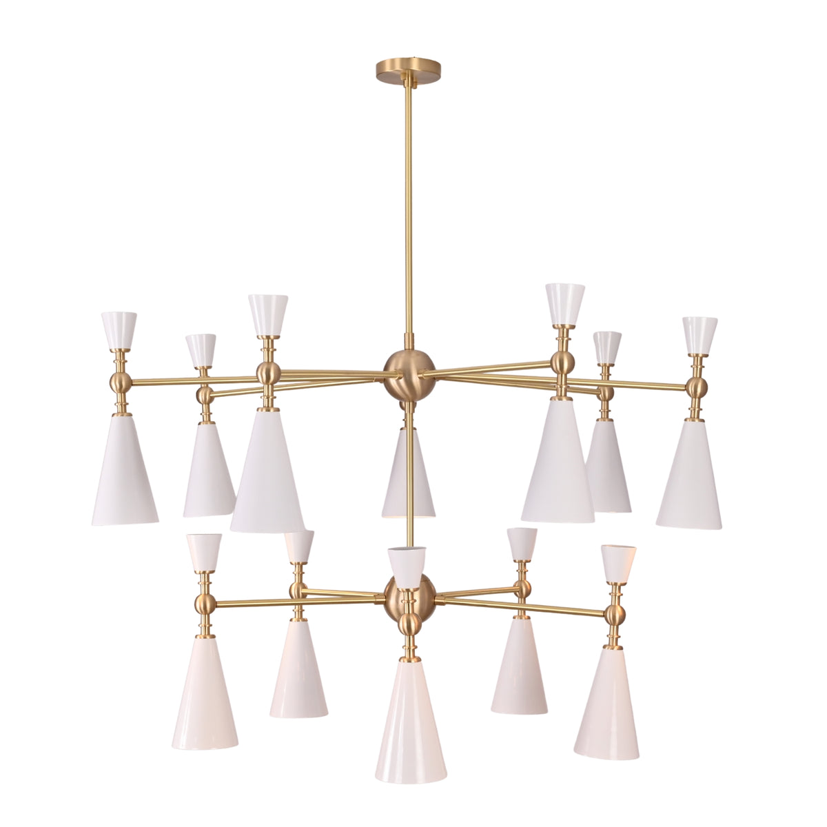 Two-tier chandelier dimension view showing 43 inch width and 49 inch height for product size reference