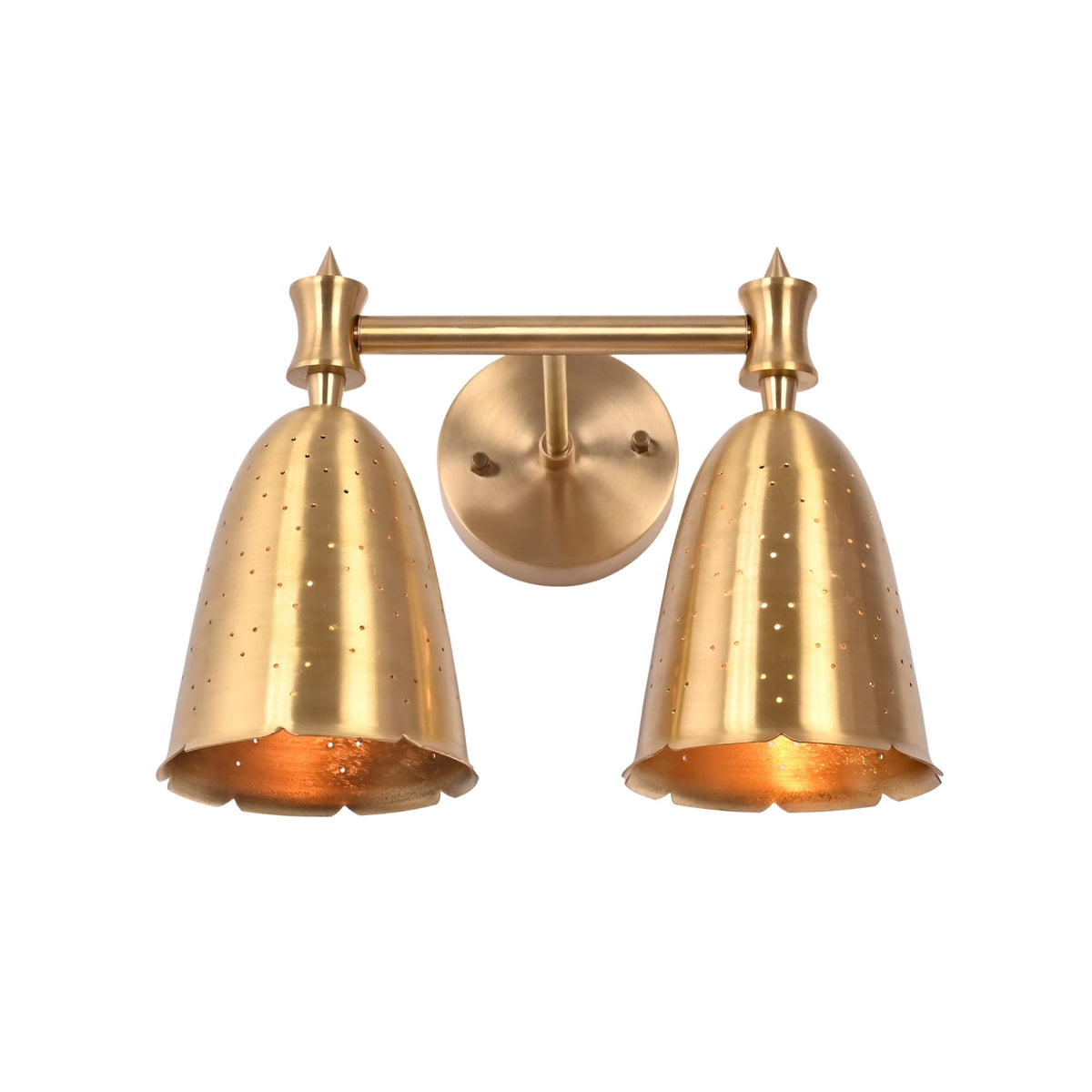 Close front view of double bell wall sconce showing round backplate, twin shades, and perforated detailing.