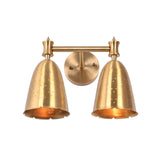 Close front view of double bell wall sconce showing round backplate, twin shades, and perforated detailing.