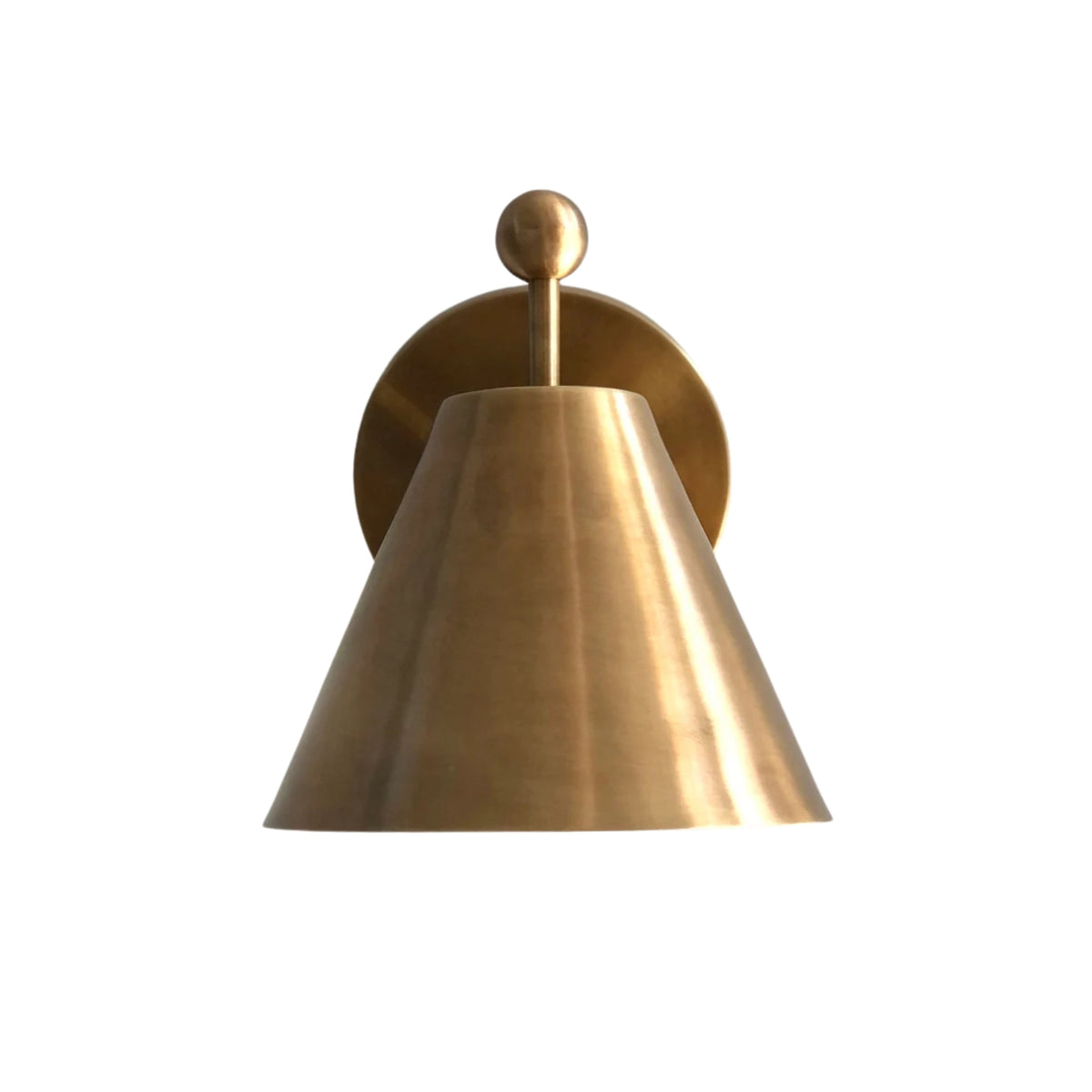 ront view of the Aurora modern satin brass tapered wall sconce featuring a tapered cone shade and decorative sphere finial.