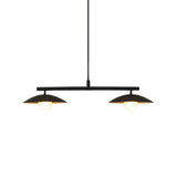 Front view of the Sutton linear pendant chandelier illuminated with warm globe bulbs beneath dual matte black dome shades and a sleek horizontal bar.