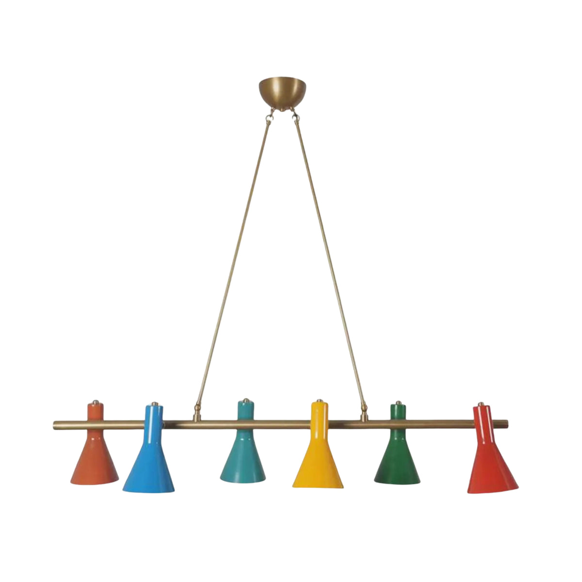 Full front view of Sutton six-light linear chandelier with colorful cone shades evenly spaced along a handcrafted brass frame.