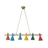 Full front view of Sutton six-light linear chandelier with colorful cone shades evenly spaced along a handcrafted brass frame.