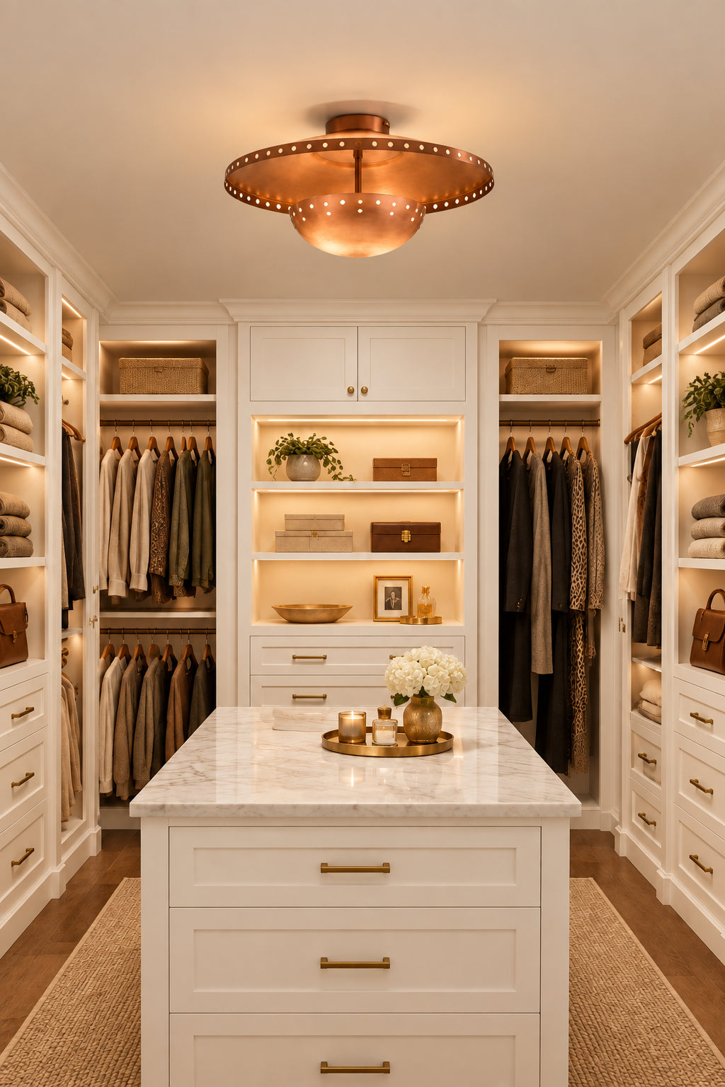 Valencia copper flush mount ceiling light showing approximately 22 inch width and 12 inch overall height