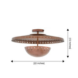 Valencia copper flush mount chandelier with wide perforated disc, rounded lower bowl and sculptural brass ceiling design