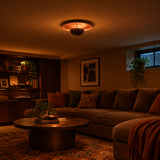 Customizable copper finish flush mount chandelier in solid brass with perforated bowl and architectural ceiling profile