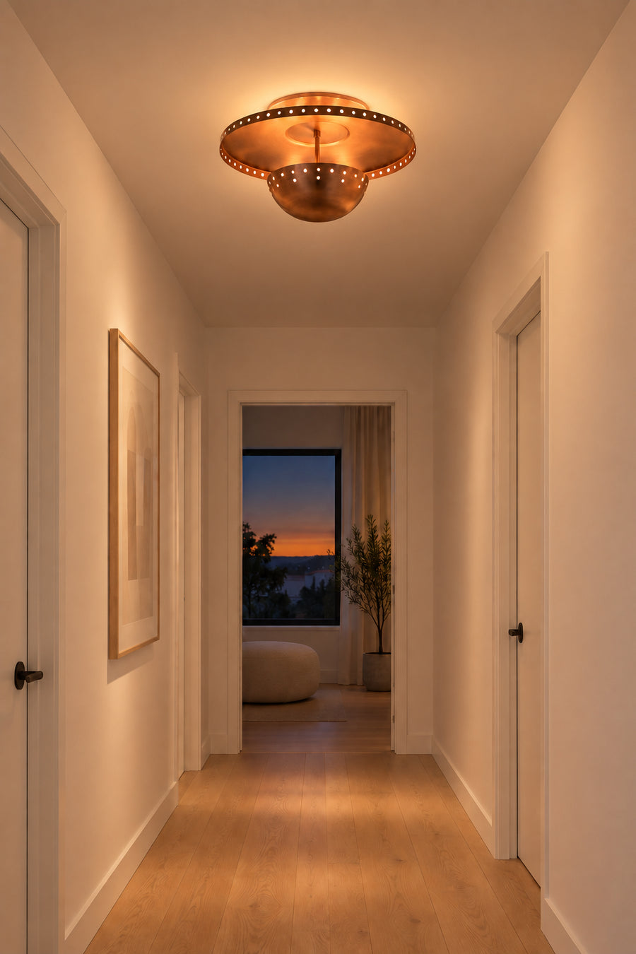 Mid century inspired copper flush mount with broad shallow disc, perforated edge and warm ambient glow