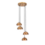 Angled view of the Verona Cascade Dome 4 Light Multi Pendant Chandelier featuring staggered brass dome shades with warm illumination.