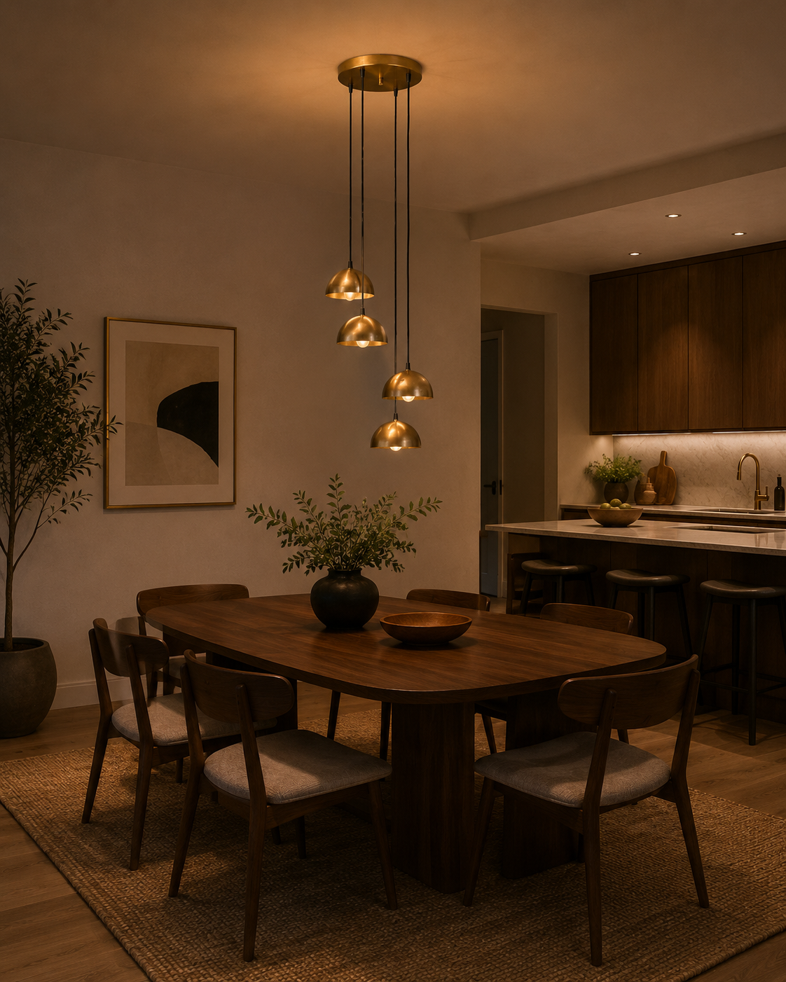 Verona Cascade Dome Multi Pendant Chandelier 4 Light installed above a contemporary dining table, adding warm ambient lighting to a modern dining room.