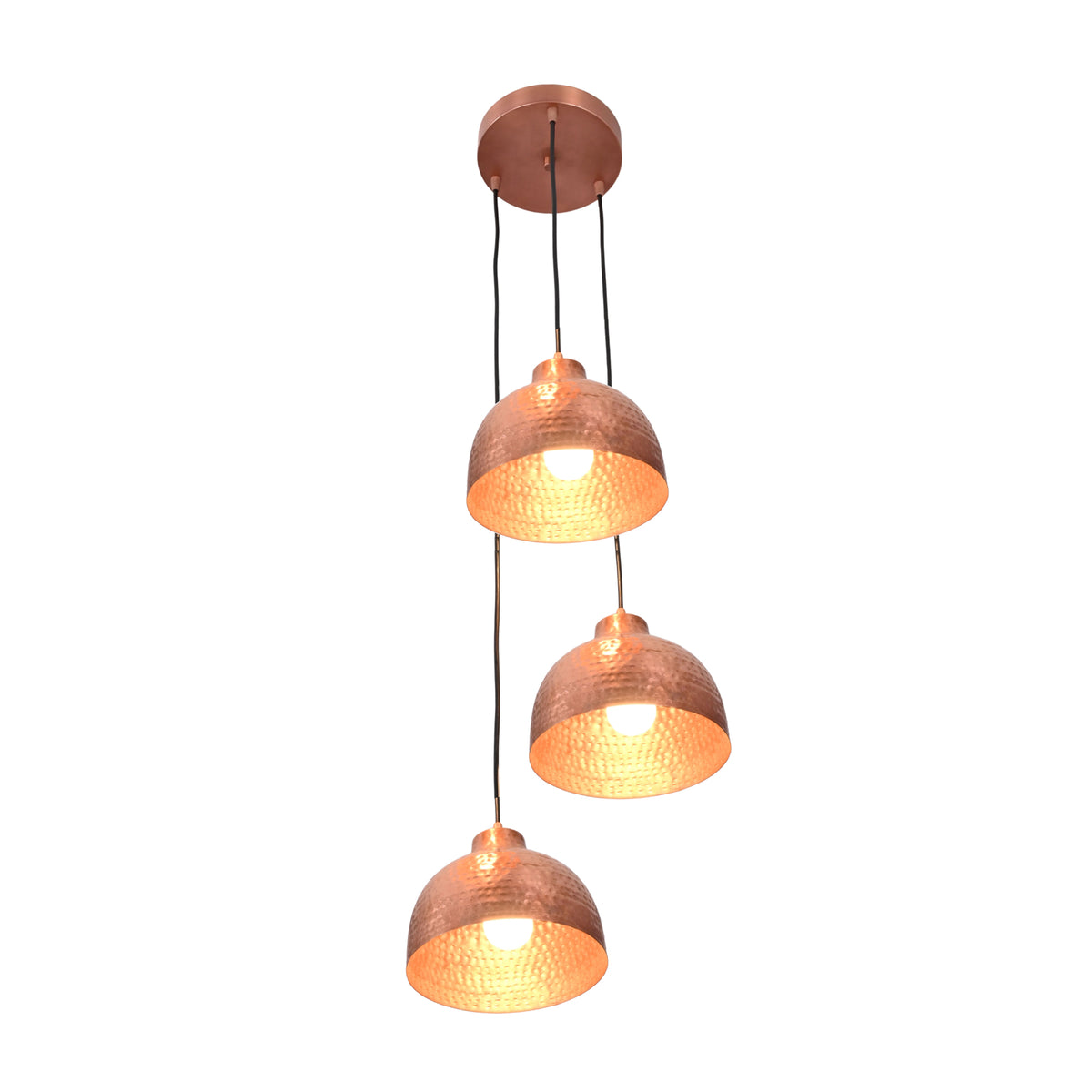 Verona hammered copper cluster pendant chandelier with three illuminated dome shades – Model 33221