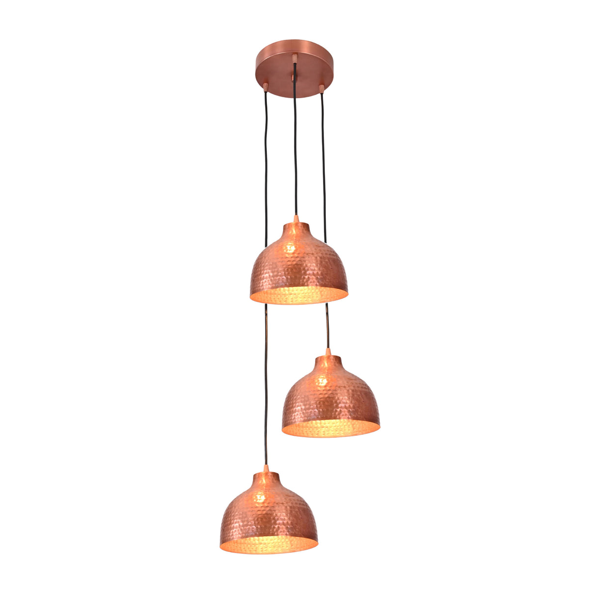 Detailed view of Verona 3-light copper pendant showing hammered dome shades and round ceiling canopy – Model 33221