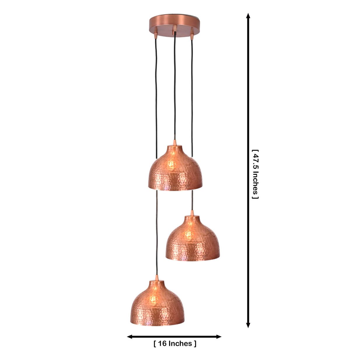 Size guide for Verona Hammered Copper Cluster Pendant Chandelier – 3 Light – 47.5 Inch – Model 33221