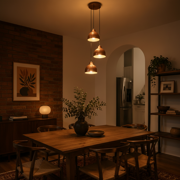 Verona hammered copper 3-light cluster pendant chandelier installed above a dining table – Model 33221