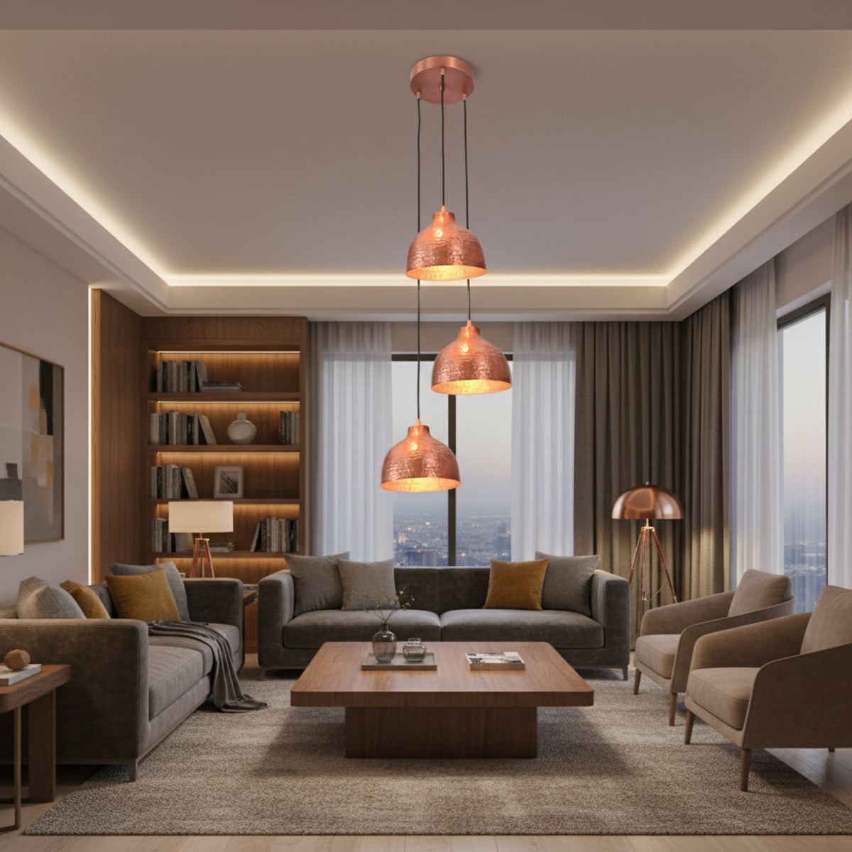 Verona hammered copper cluster pendant with three cascading shades and warm downward glow – Model 33221