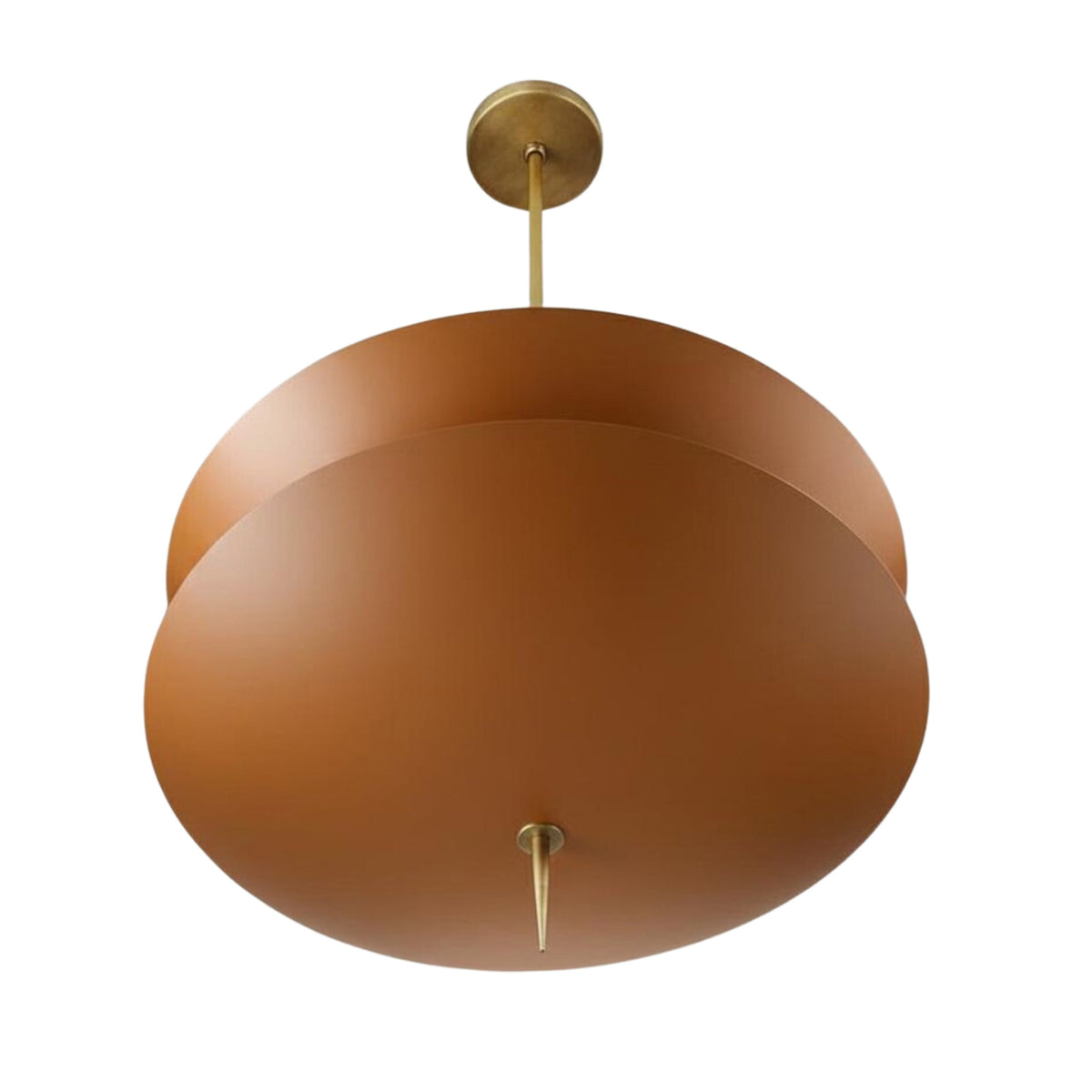 Bottom view of the Verona Layered Disc Pendant Chandelier Model 33253 highlighting the layered disc construction and decorative brass finial.