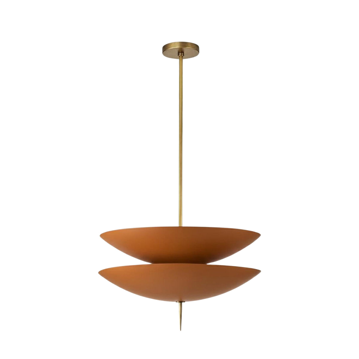 Front view of the Verona Layered Disc Pendant Chandelier 24 Inch Model 33253 featuring handcrafted layered metal disc shades with premium brass accents.
