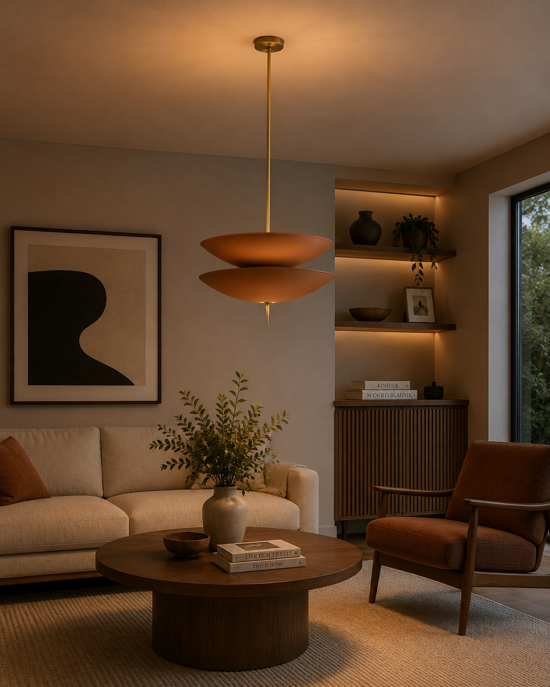 Verona Layered Disc Pendant Chandelier 24 Inch Model 33253 installed in a modern living room, showcasing warm indirect ambient lighting and a sculptural contemporary design.