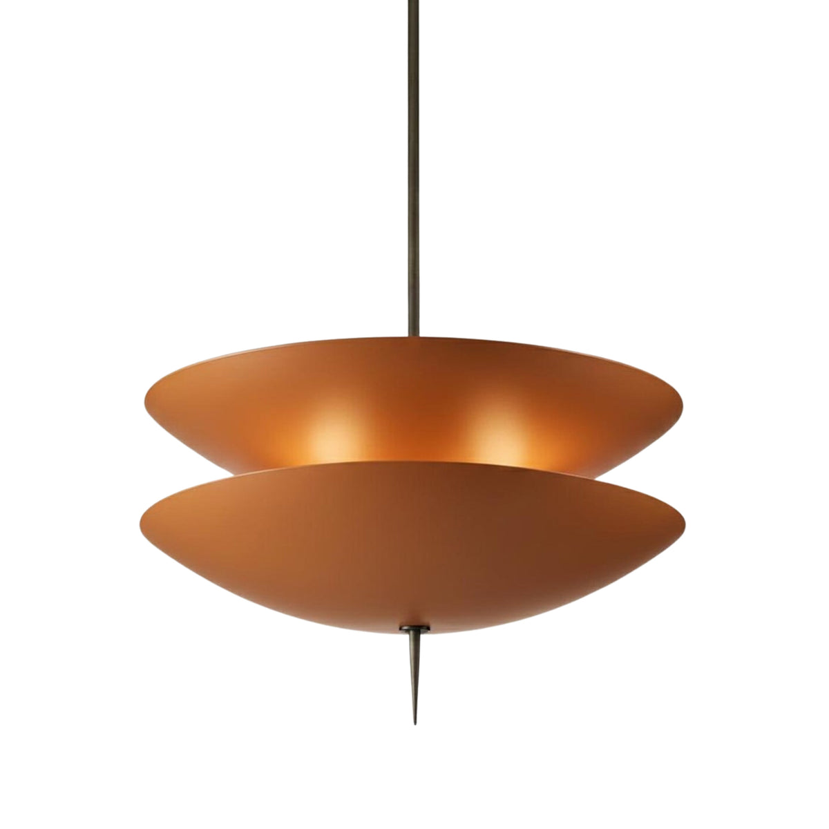 Close-up of the illuminated Verona Layered Disc Pendant Chandelier Model 33253 showing the soft concealed ambient glow between the handcrafted metal shades.