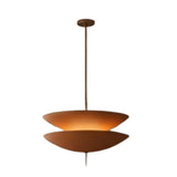 Illuminated front view of the Verona Layered Disc Pendant Chandelier 24 Inch Model 33253 with warm indirect lighting and layered contemporary silhouette.