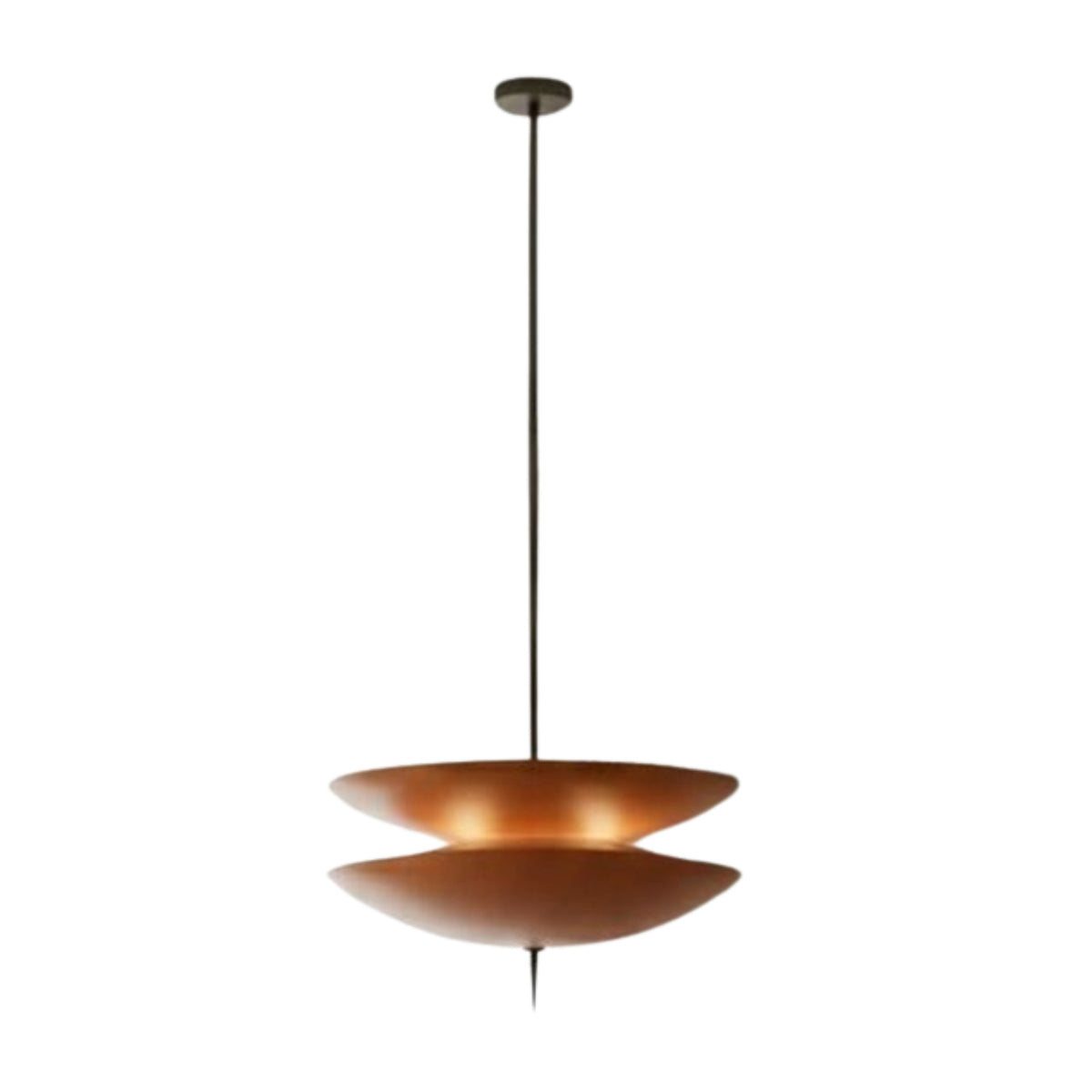 Full hanging view of the Verona Layered Disc Pendant Chandelier Model 33253 featuring concealed warm illumination, adjustable down rod, and sculptural layered design.