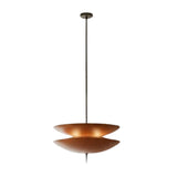Full hanging view of the Verona Layered Disc Pendant Chandelier Model 33253 featuring concealed warm illumination, adjustable down rod, and sculptural layered design.
