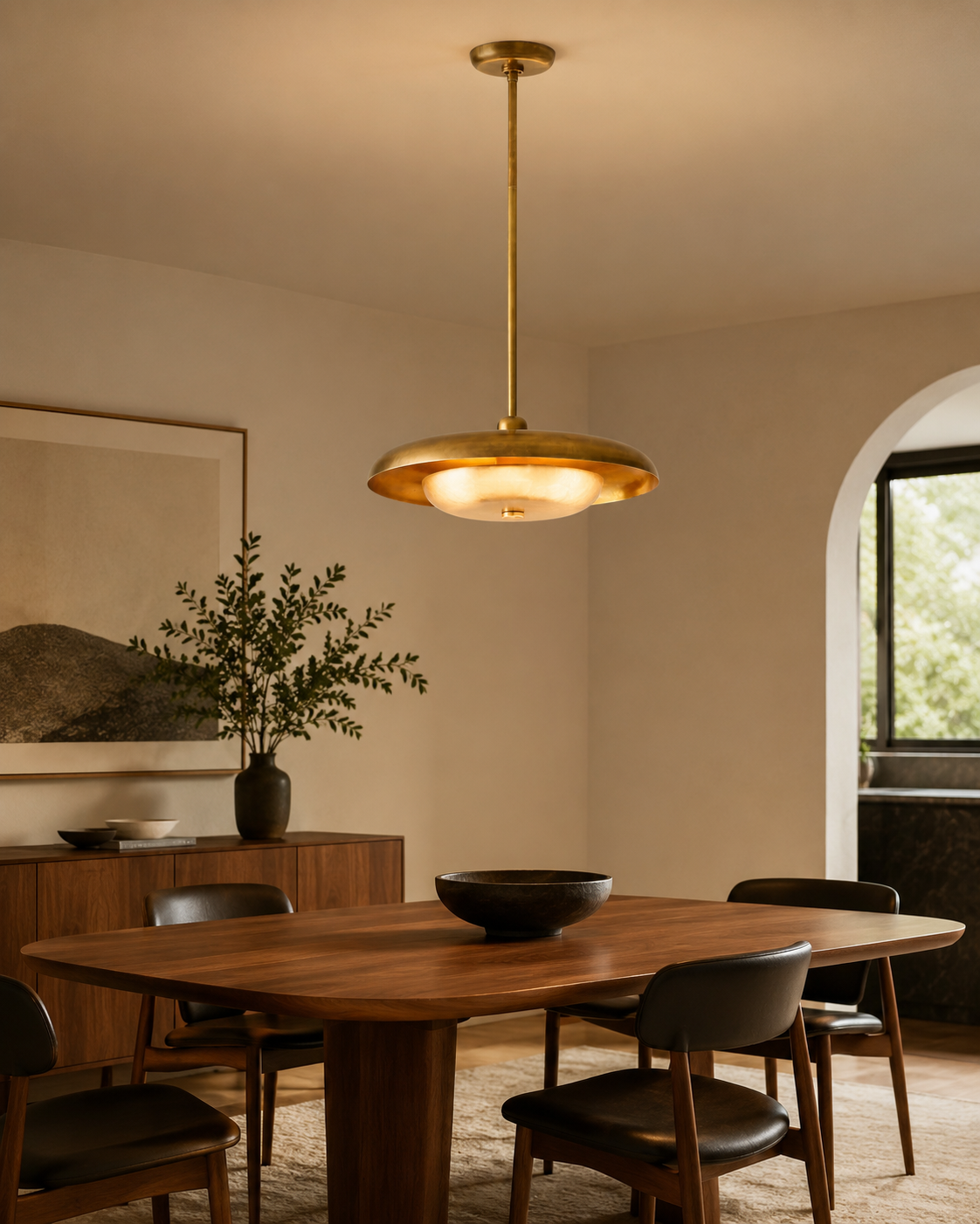 Verona Modern Dish Pendant Chandelier installed above a contemporary dining table in a warm modern interior