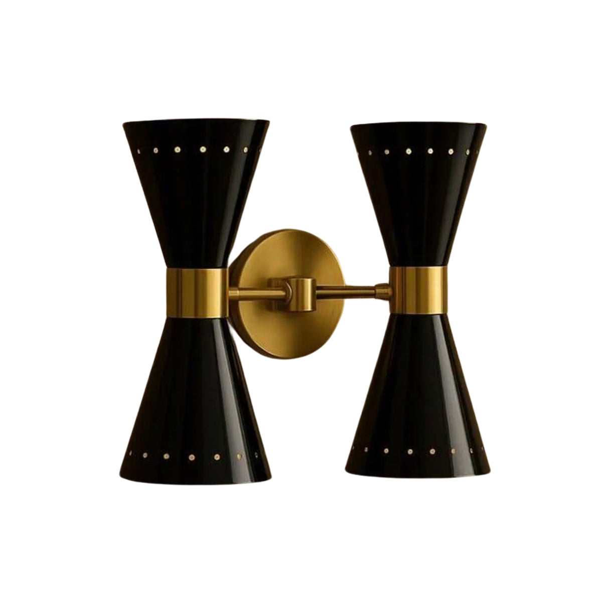 Verona 4 light wall sconce with symmetrical perforated black cone shades and brass mounting hardware, angled view – Model 32793