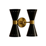 Verona 4 light wall sconce with symmetrical perforated black cone shades and brass mounting hardware, angled view – Model 32793