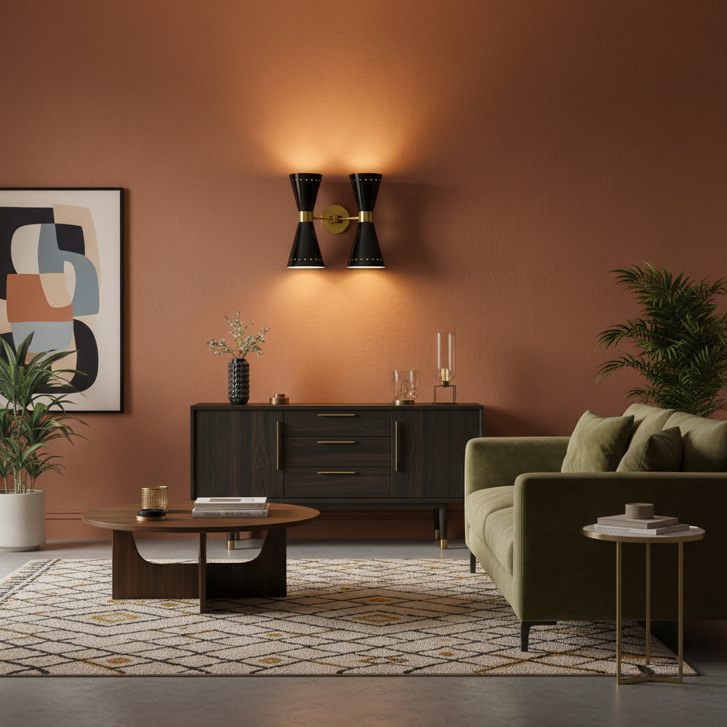 Verona perforated double cone wall sconce with four black shades and brass accents, front view – Model 32793