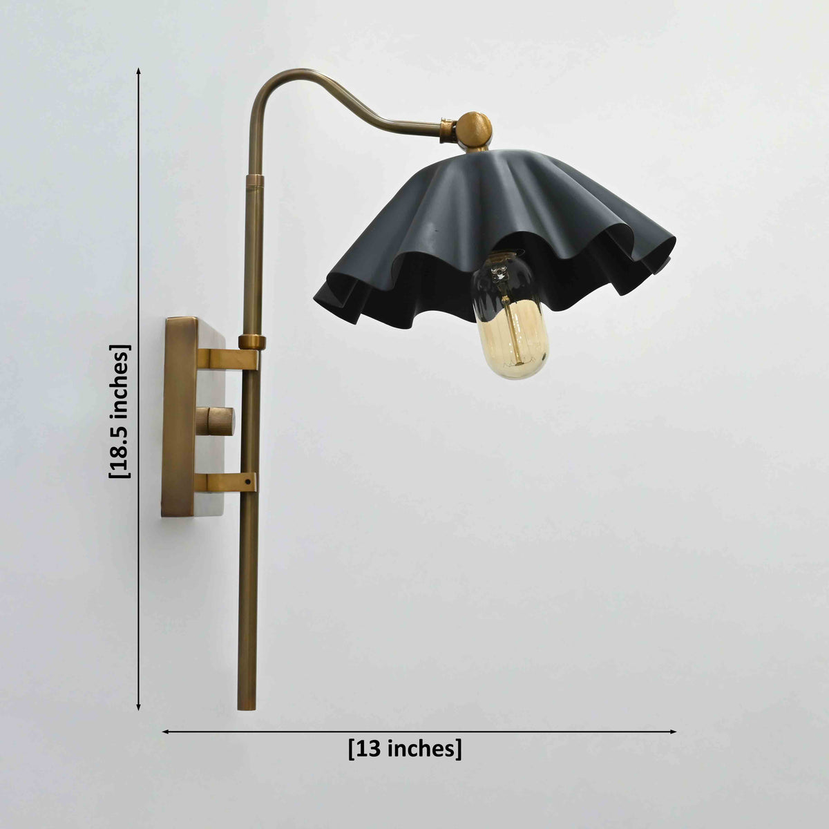 Size guide for Verona Ruffled Wall Sconce – Matte Black Scalloped Shade With Brass Patina Arm 72255