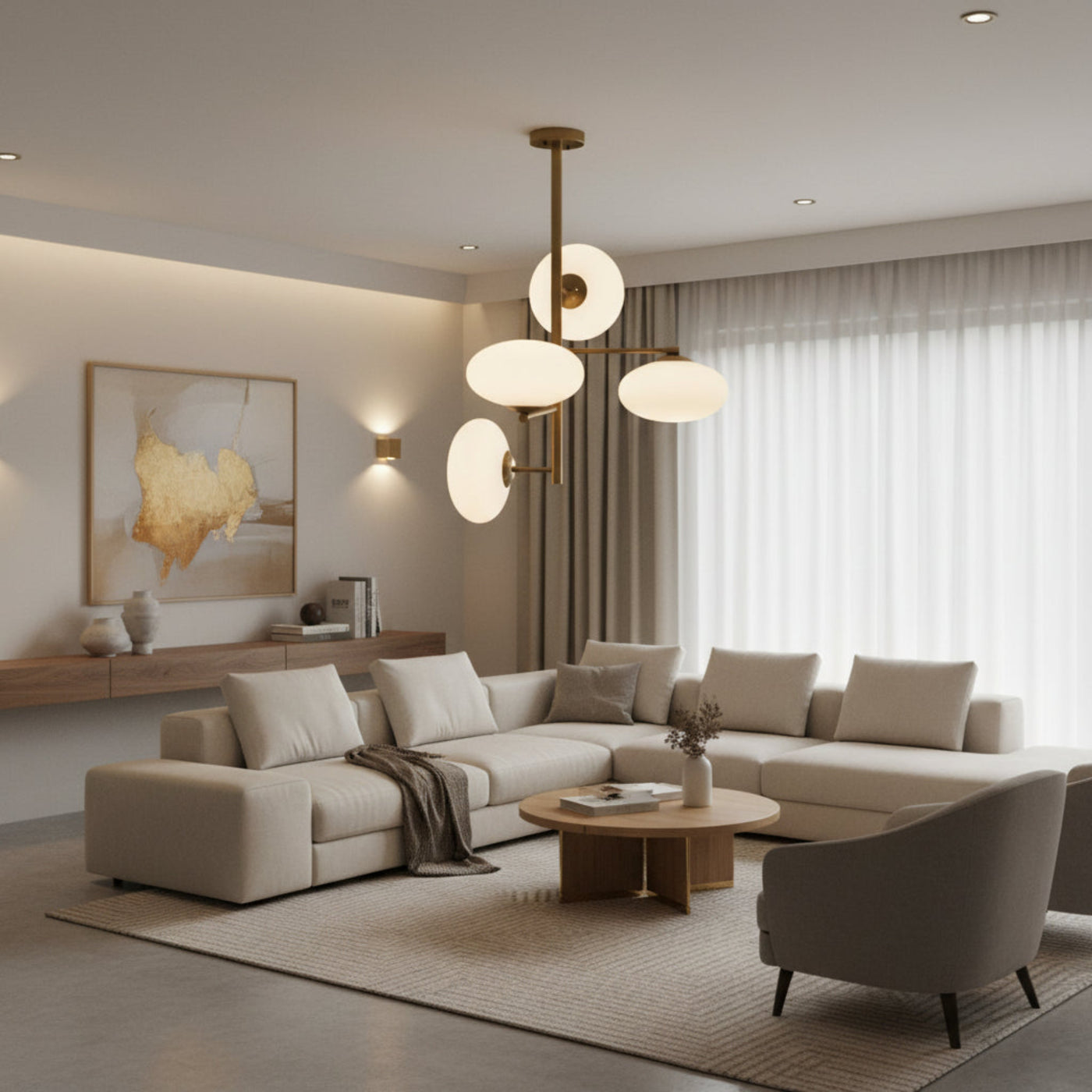 Verona Sculptural Globe Chandelier 4 Light with opal glass shades – front view – Model 33167