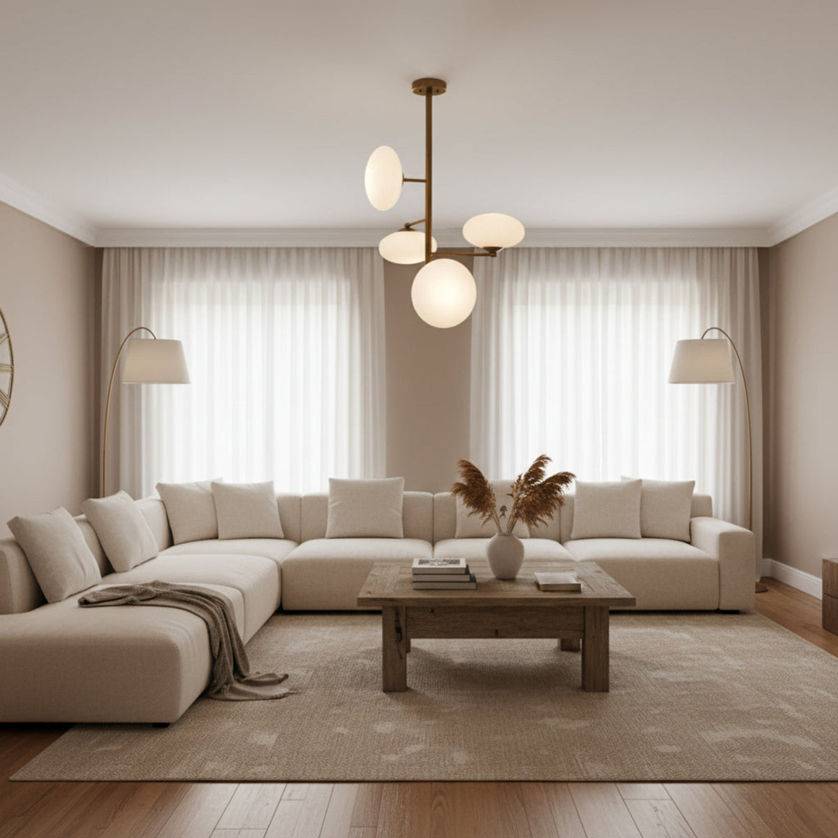 Verona Sculptural Globe Chandelier with brass tone frame and four opal glass shades – side view – Model 33167
