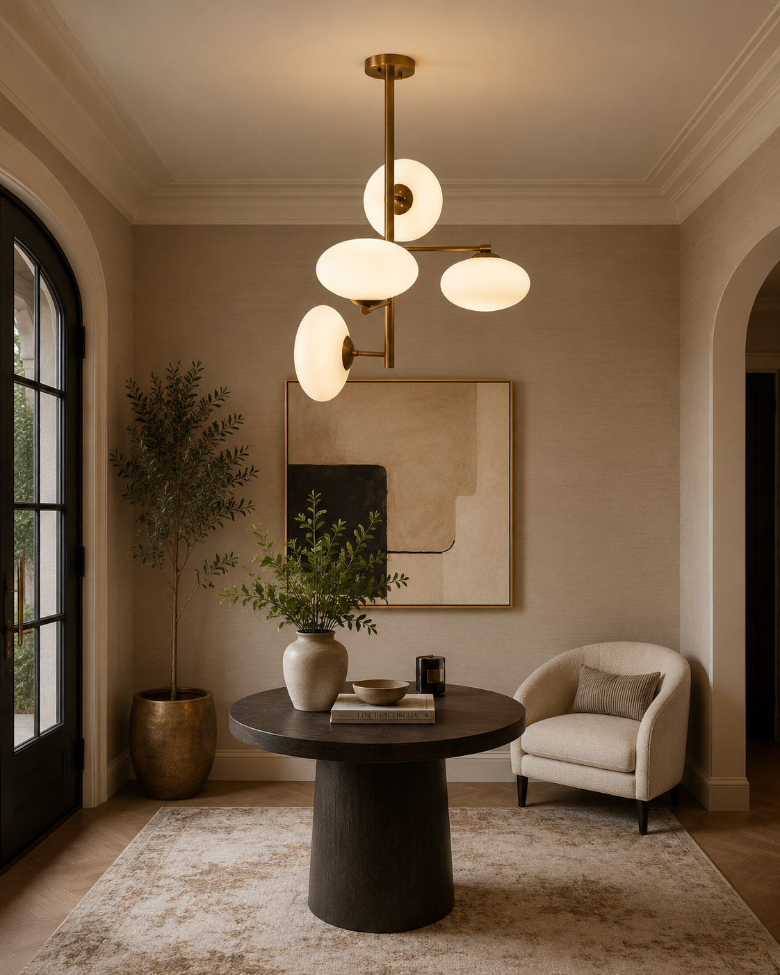 Verona Sculptural Globe Chandelier 4 Light installed in a modern entryway interior – Model 33167