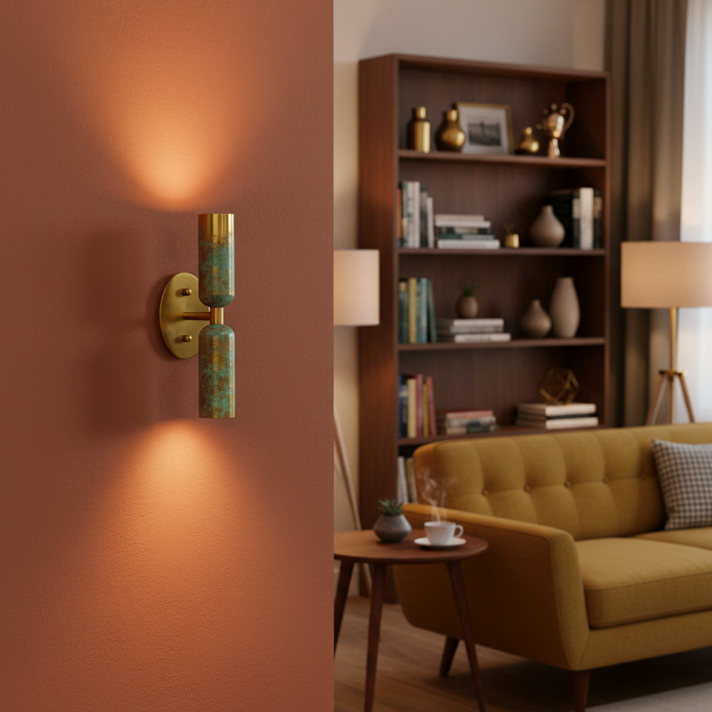 Vertical brass cylinder wall sconce with upper and lower shades mounted on a round wall backplate