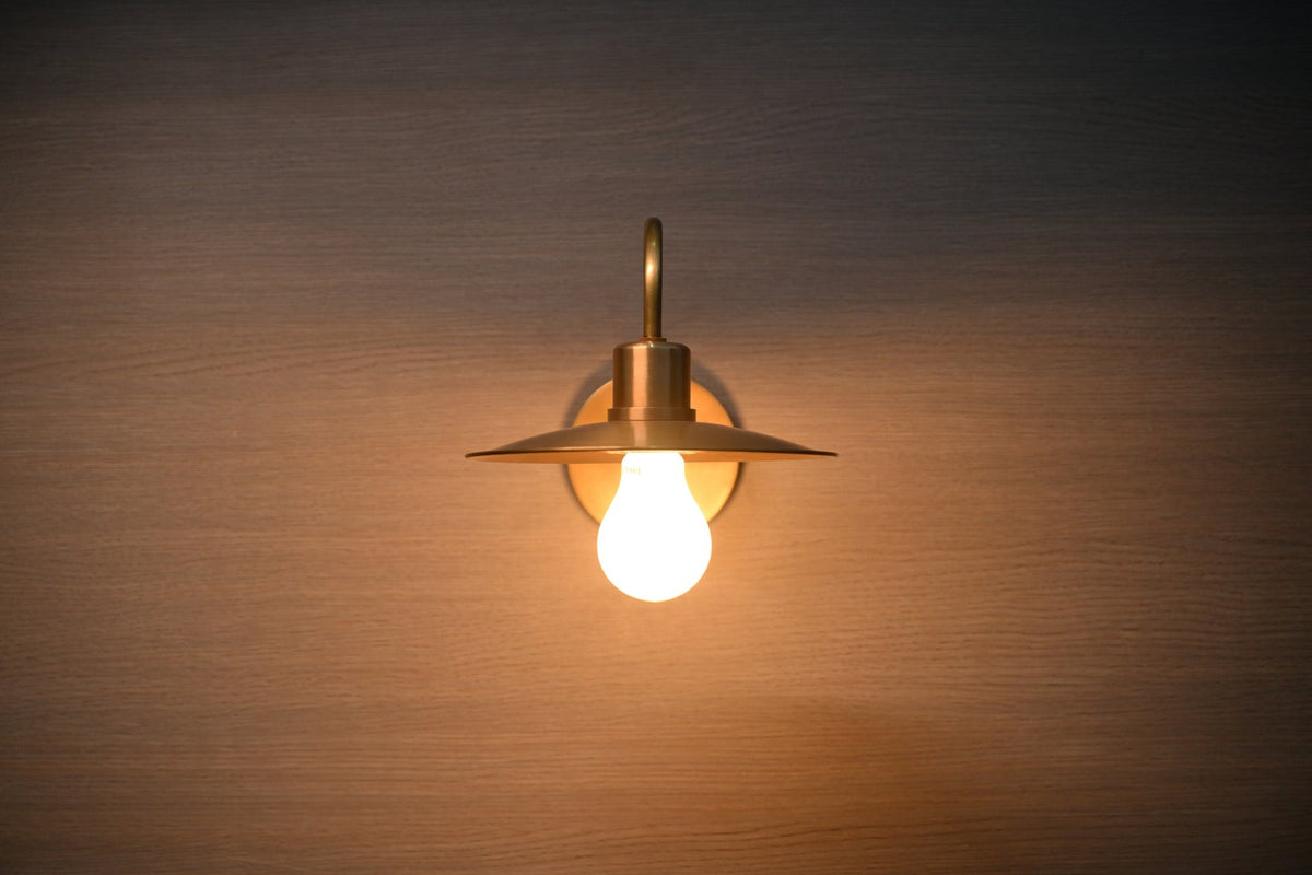 Illuminated view of vintage brass wall light glowing warmly, highlighting the smooth brass texture and classic gooseneck silhouette.
